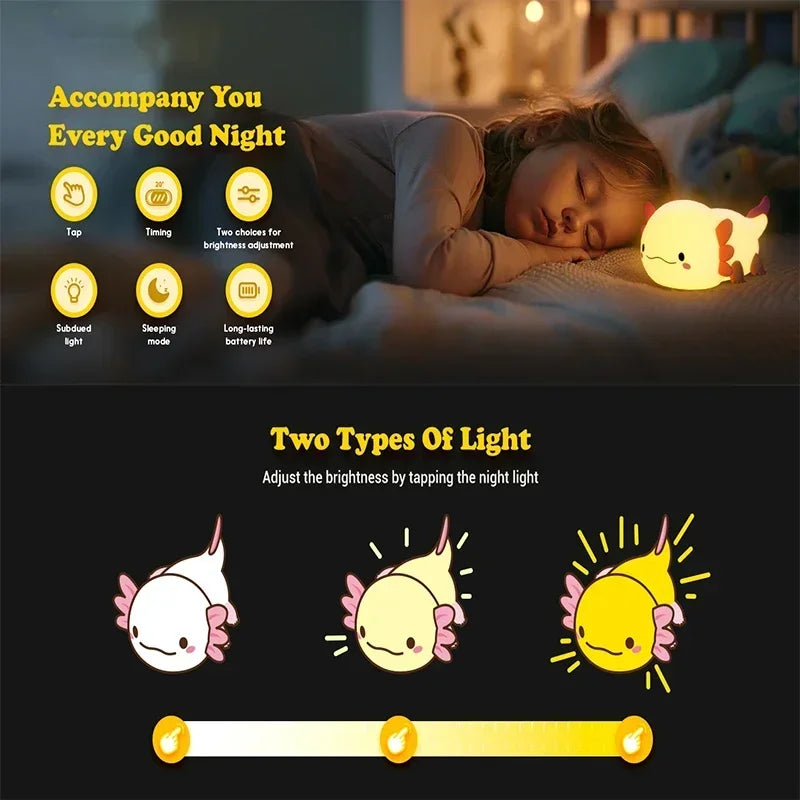 Cute Axolotl Night Light Silicone Nursery Sleeping Lamp Touch Control Nightlights USB Rechargeable Table Lamp for Baby Child tableandwalllamps