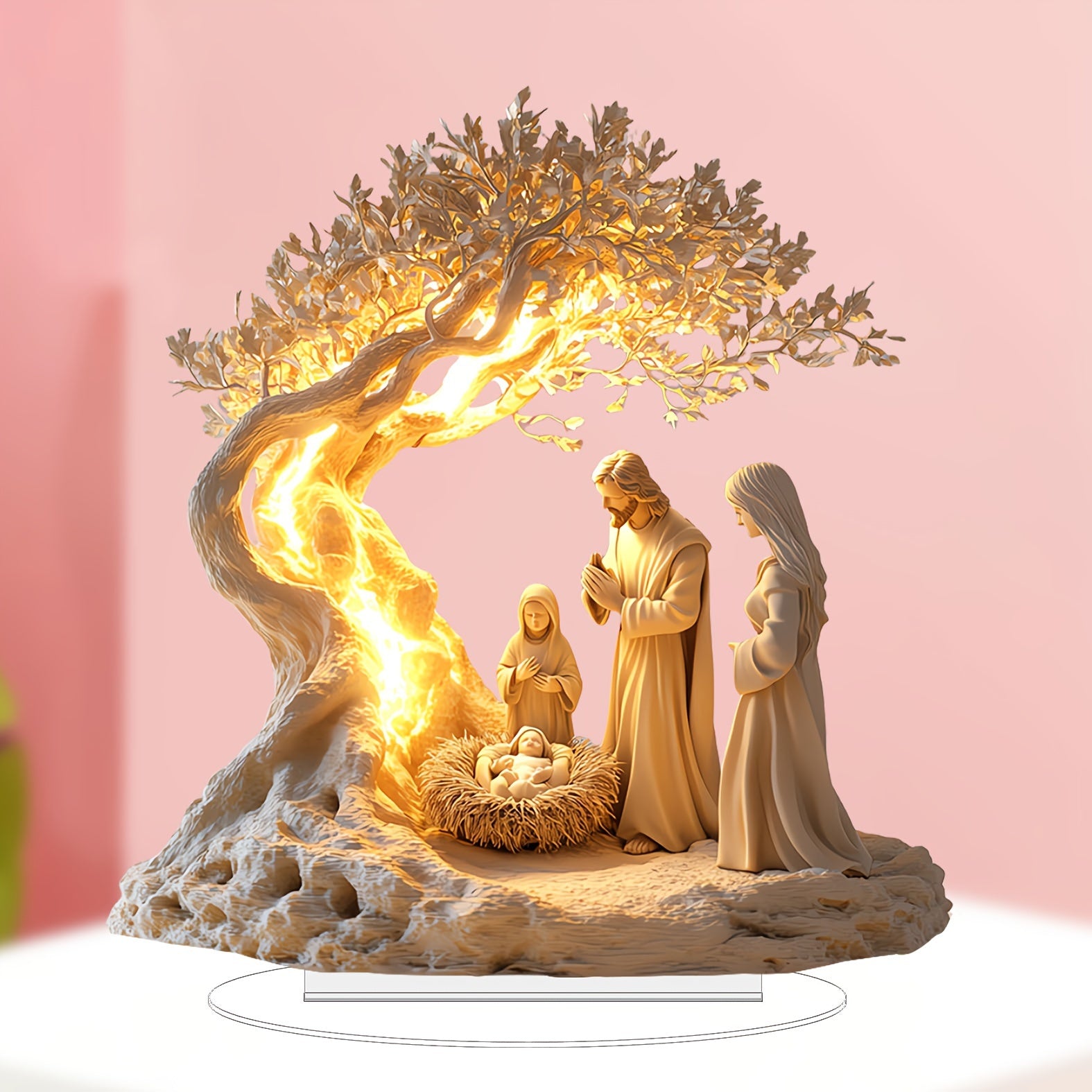 Classic acrylic nativity scene tabletop decor with illuminating tree, perfect for holiday decoration and versatile gifting options.