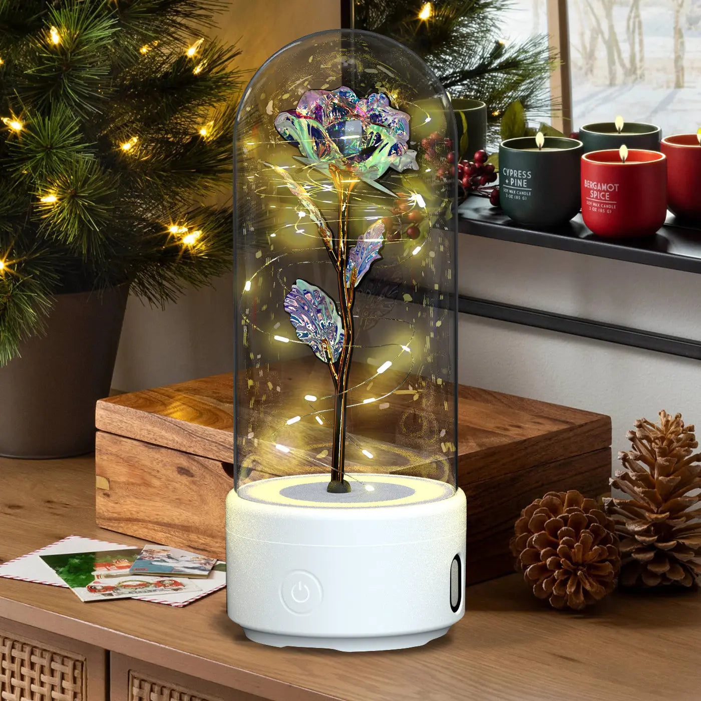 Creative 2 In 1 Rose Flowers LED Light And Bluetooth-compatible Speaker Valentine's Day Gift Rose Luminous Night Light Ornament In Glass Cover tableandwalllamps