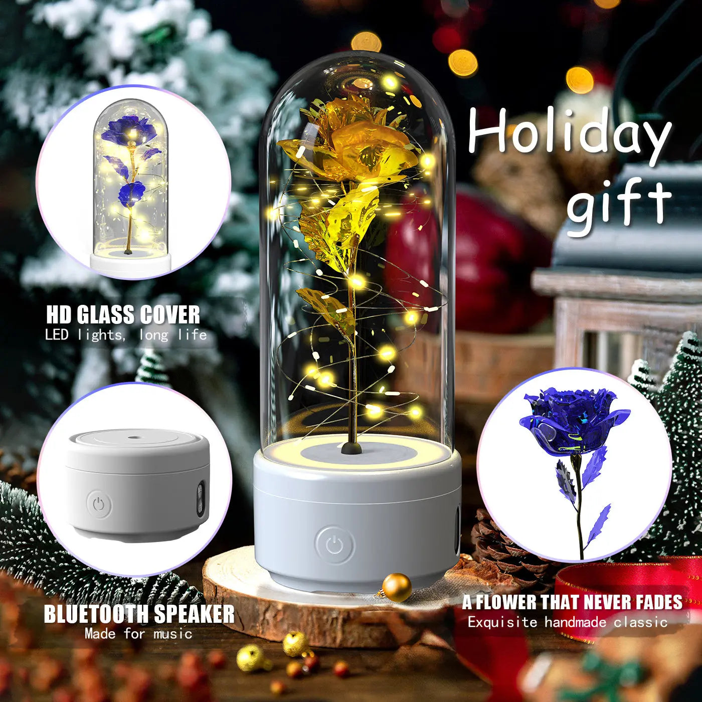 Creative 2 In 1 Rose Flowers LED Light And Bluetooth-compatible Speaker Valentine's Day Gift Rose Luminous Night Light Ornament In Glass Cover tableandwalllamps